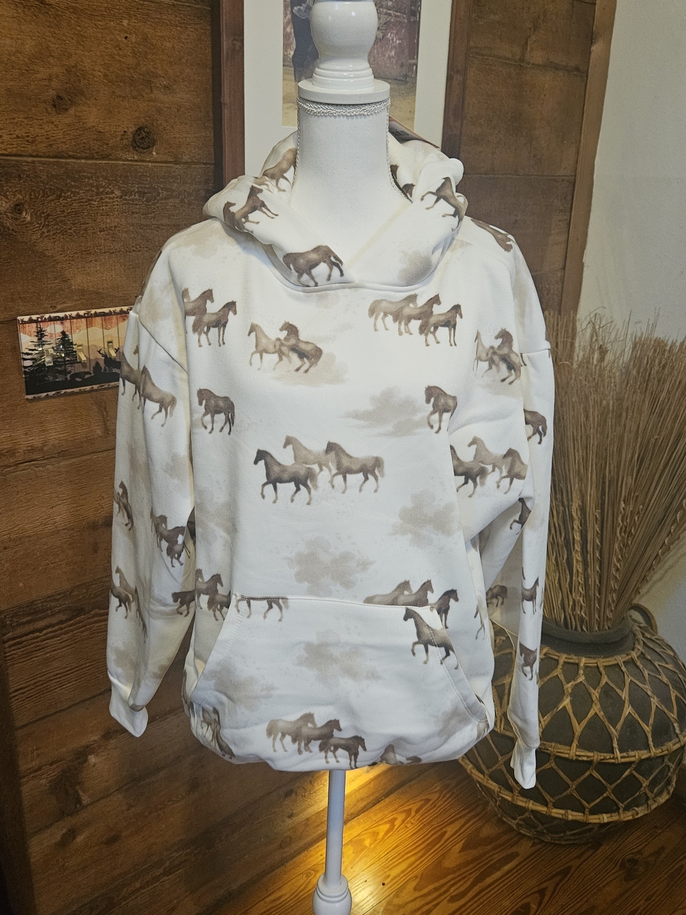Woman's Cream Hoodie with Brown Horse Print